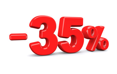35 percent off discount sign. Red text is isolated on white. 3d render