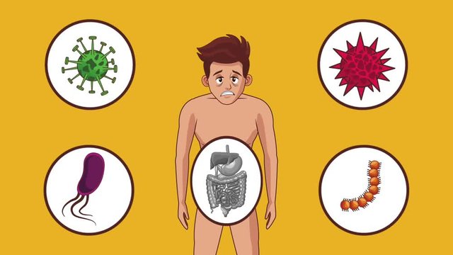 Young man with stomach ache cartoons high definition animation colorful scenes