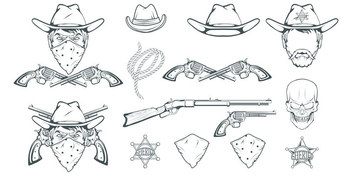 Cowboy Set for design. Hand drawn cowboy hat. Cartoon character man in the wild west. Retro Rifle and revolver. Sheriff's Badge. Western. Elements of the Wild West. Vector graphics to design