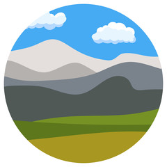 Fototapeta premium Natural cartoon landscape in circle. Vector illustration in the flat style with blue sky, clouds, hills and mountains. 