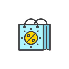 Summer Sale Shopping Bag filled outline icon, line vector sign, linear colorful pictogram isolated on white. summer offer sale discount symbol, logo illustration. Pixel perfect vector graphics