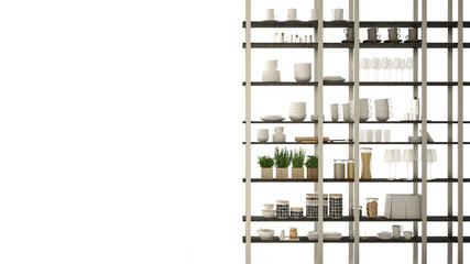 Kitchen living room shelving system foreground close-up, interior design concept, white background with copy space in the background