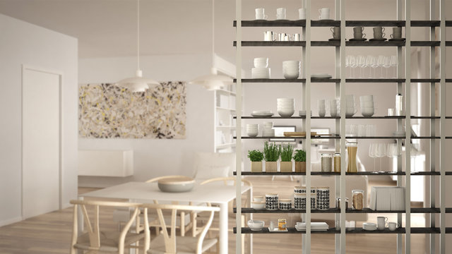 Kitchen living room shelving system foreground close-up, interior design concept, scandinavian modern open plan in the background