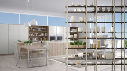 Fototapeta na wymiar Kitchen living room shelving system foreground close-up, interior design concept, white modern room open plan in the background
