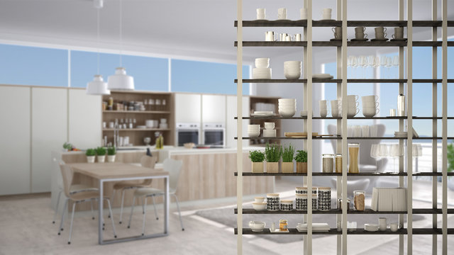 Kitchen living room shelving system foreground close-up, interior design concept, white modern room open plan in the background