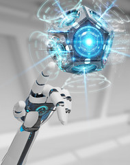 White humanoid hand using drone security camera 3D rendering