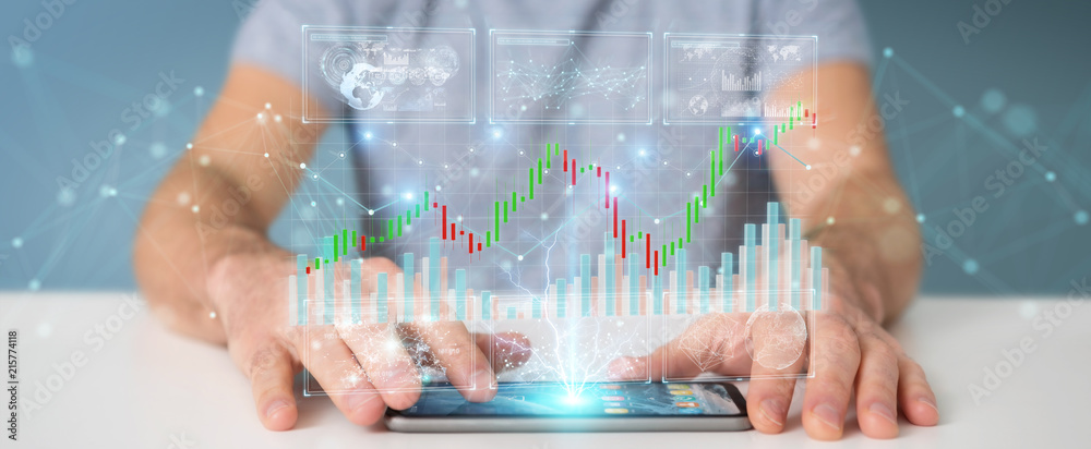 Poster Businessman using 3D rendering stock exchange datas and charts