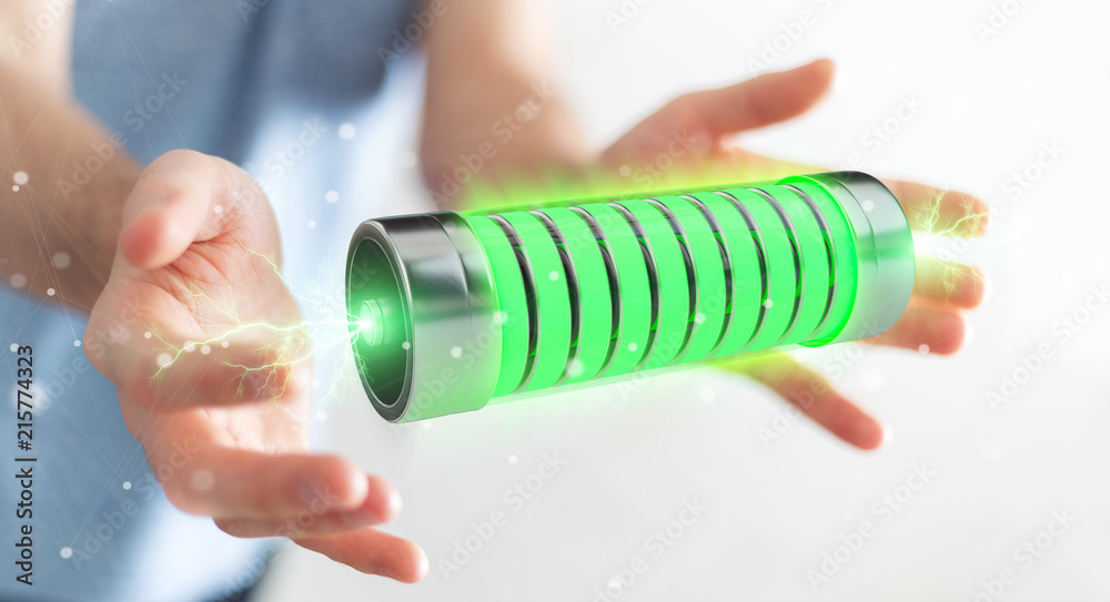 Poster businessman using green battery with lightnings 3d rendering
