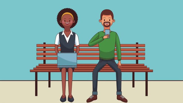 Afro woman and man seated on wooden chair using laptop and smartphone cartoon high definition animation colorful scenes