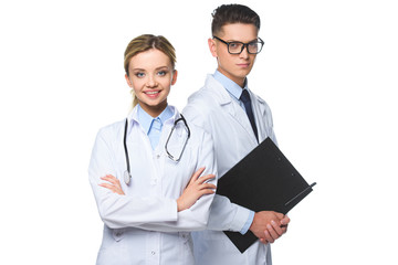 doctors standing with stethoscope and clipboard isolated on white