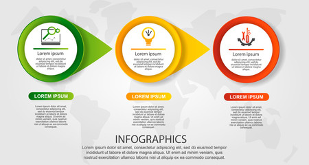 Modern vector illustration 3D. Template of circles of infographics with three elements and arrows. Designed for business, presentations, web design, diagrams with 3 steps. Concept step by step