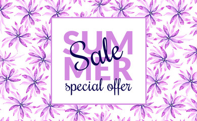 Summer sale banner with tropical leaves background, exotic floral design. Pink flowers on white background.