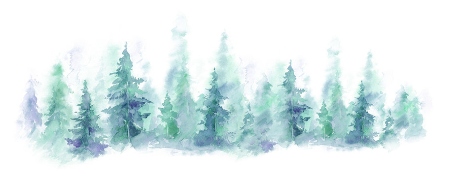 Blue landscape of foggy forest, winter hill. Wild nature, frozen, misty, taiga. watercolor background