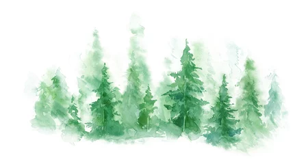 Fotobehang Groen landschap van mistig bos, winterheuvel. Wilde natuur, bevroren, mistig, taiga. aquarel achtergrond © Leyasw