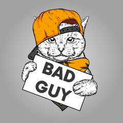 Funny cat with a sign, a cap and a headscarf. Bad guy, bully. Vector illustration for a postcard or a poster, print for clothes. Hipster. Drugs, marijuana.
