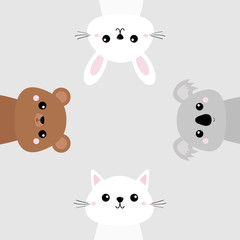 Koala, bear grizzly, rabbit, hare, cat kitten head face set. Pink cheeks. Cute cartoon character. Pet baby animal collection. Gray background. Flat design