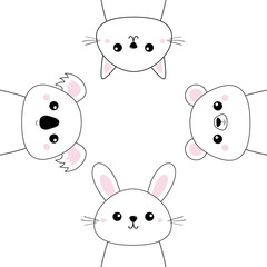 Bear grizzly, rabbit, hare, koala, cat kitten head face set. Doodle linear sketch. Pink cheeks. Cute cartoon character. Pet animal collection. T-shirt design. Baby background. Flat