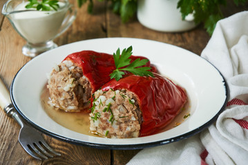 Stuffed pepper with minced meat and rice in a bowl