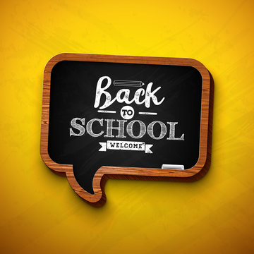 Back to school design with chalkboard and typography lettering on yellow background. Vector illustration for greeting card, banner, flyer, invitation, brochure or promotional poster.