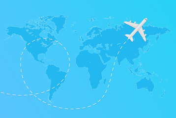 Vector world map with flying airplane and dashed line Aircraft travel concept.