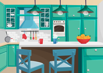 Vector Cartoon volumetric illustration of cozy vintage retro kitchen interior.
