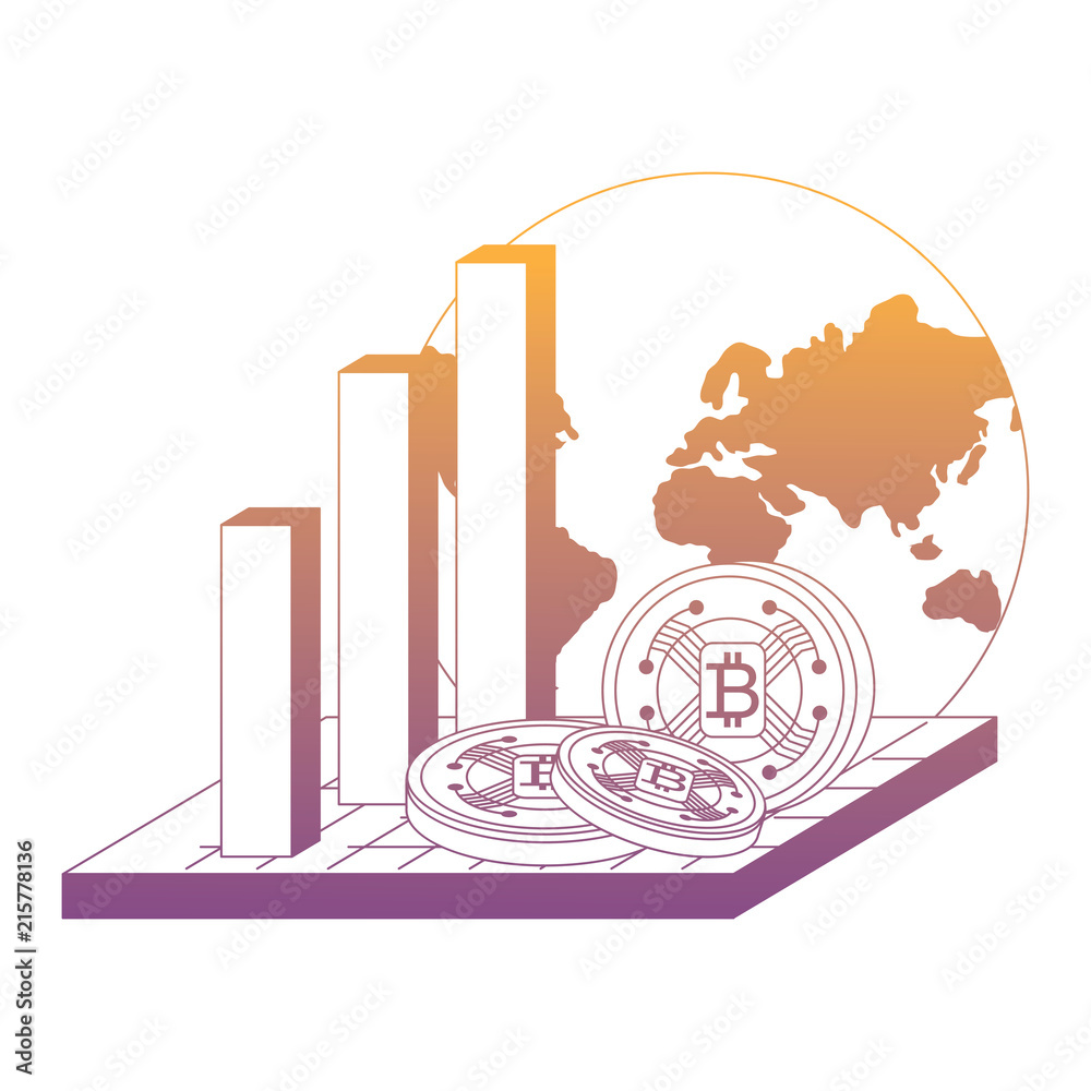 Sticker bar chart with earth planet and cryptocoins over white background, vector illustration