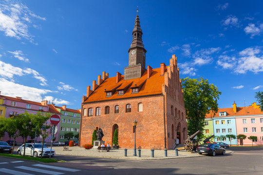 Town hall and market square in Morag, Poland