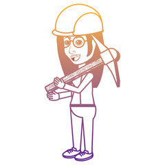 cartoon woman holding a pickaxe and wearing a industrial helmet over white background, vector illustration