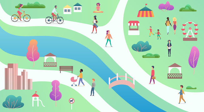 Top view of city public park with river, bridge and walking people vector illustrastion.