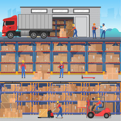 Vector horisontal flat concept banners with warehouse inside and outside with workers, trucks and boxes goods.