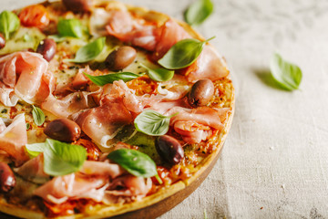 Italian pizza on rustic textile