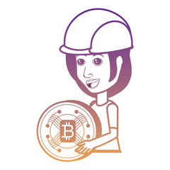 cartoon woman with safety helmet and bitcoin coin over white background, vector illustration