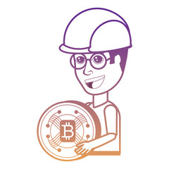 cartoon man with safety helmet and holding a bitcoin coin over white background, vector illustration