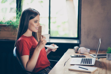 Little bit of time for myself! Side profile view photo of cute beautiful woman drinking coffee and watching a webinar on her netbook, sitting at the table
