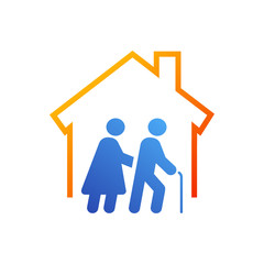 Icono plano residencia ancianos en azul y naranja