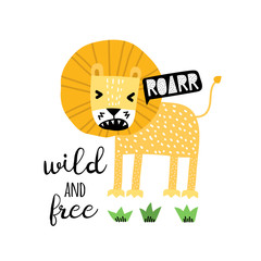Cute cartoon lion in scandinavian style say Roarr. Vector Illustration. Can be used print print for t-shirts, home decor, posters, cards.