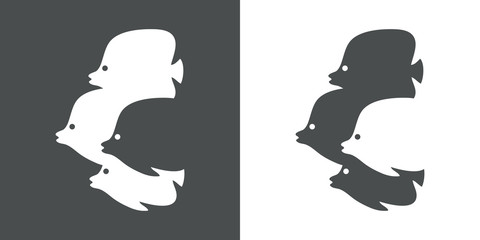 Obraz premium Icono plano silueta peces tropicales con espacio negativo en gris y blanco