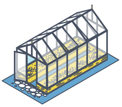recommend clip art: Outlined isometric greenhouse with glass walls, foundations, gable roof and garden bed. Vector Horticultural Conservatory for growing vegetables and flowers. Classic cultivate greenhouse gardening