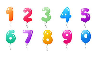 Set of colored balloons with numbers, from zero to nine.