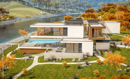 3d Rendering Of Modern Cozy House By The River With Garage For