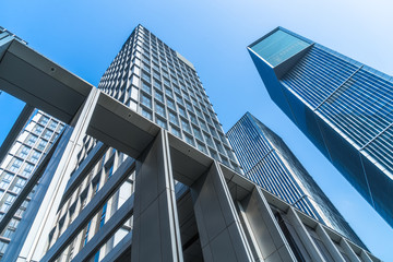 low angle view of skyscrapers in city of China.