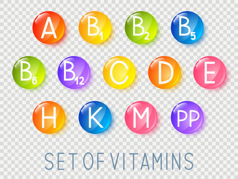 Set of main vitamins icons with transparent effect