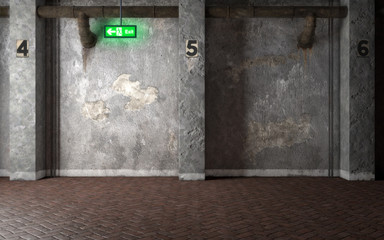 Industrial interior room with concrete walls and glowing exit sign. 3d rendering