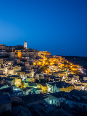 Night view of church of San Pietro Caveoso, Sassi di Matera, historic prehistoric center, UNESCO World Heritage Site, European Capital of Culture 2019