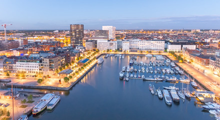 Aerial city view from rooftop at night, Antwerpen, Belgium