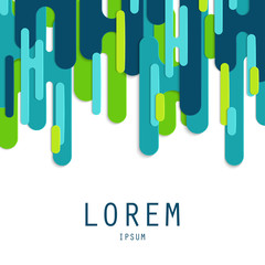 Square abstract background with rounded stripe shapes and copy space. Paper cut modern design in blue, green and white colors. Template of flyer, banner, cover, poster. Vector illustration.