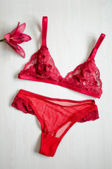 Red sexy lingerie on the white background. Lace underwear with women's acessories and flower.