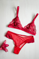 Red sexy lingerie on the white background. Lace underwear with women's acessories and flower.