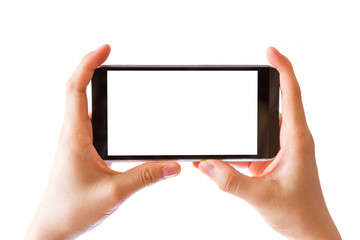 hand holding mobile smart phone with blank white screen