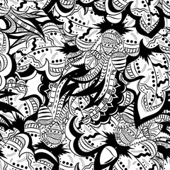 Oak leaves, acorns. Seamless pattern, abstract, doodle, black and white, hand-drawn